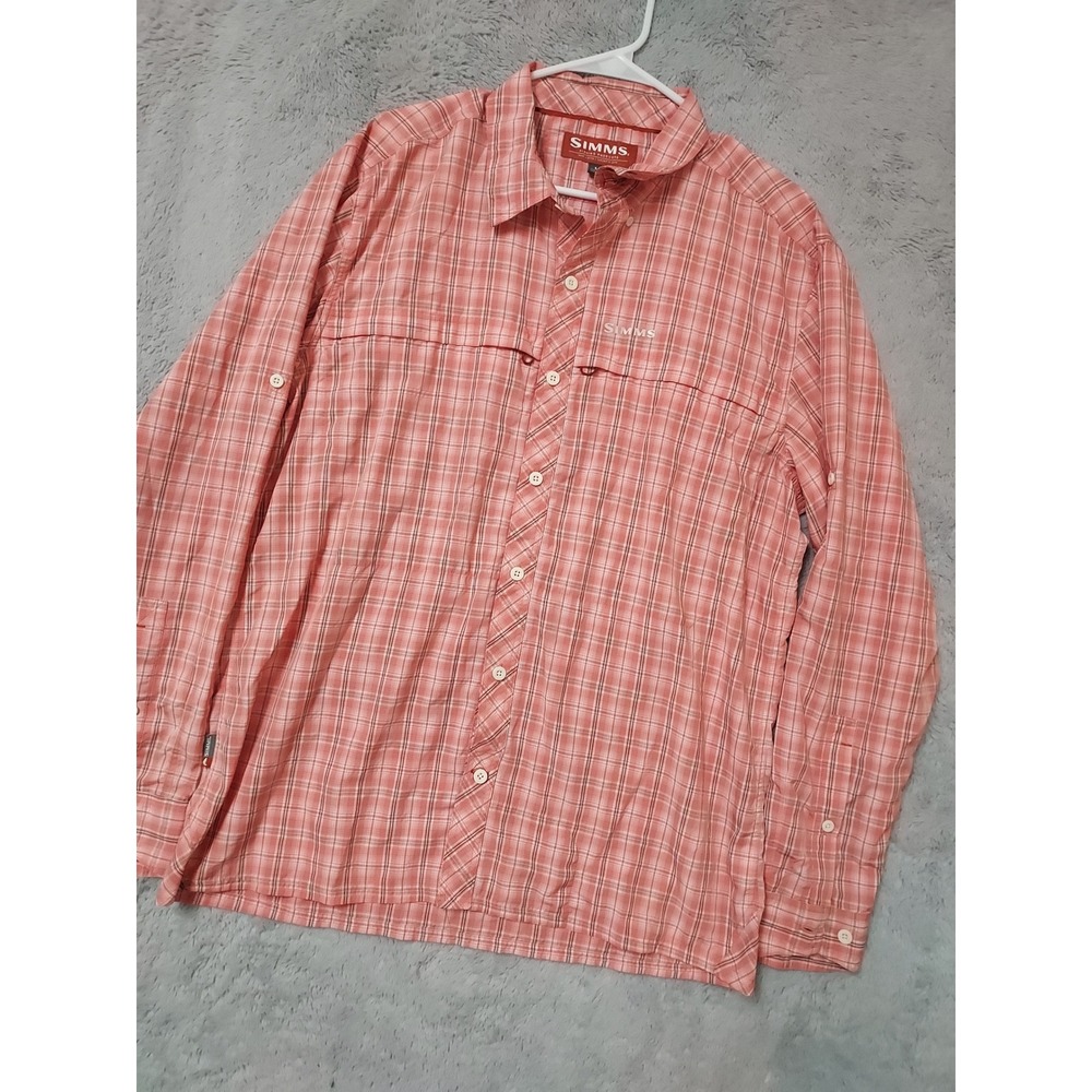 Simms Shirt Mens Large Fishing Plaid Long Sleeve Nylon Blend Pink Zip Pocket EUC